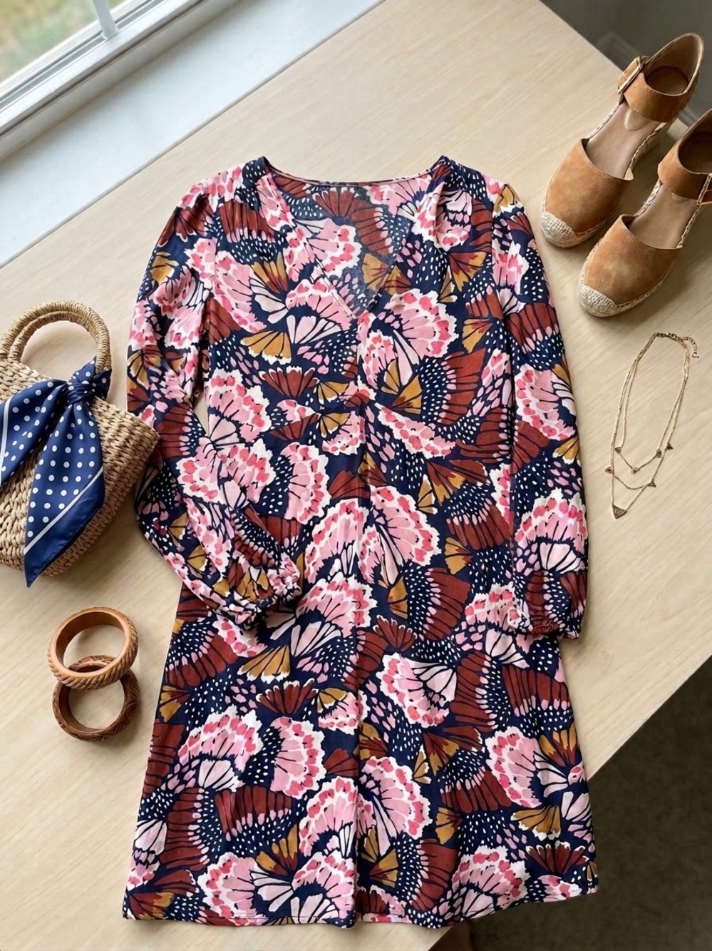 Boden Navy Pink Floral Long Sleeve Dress